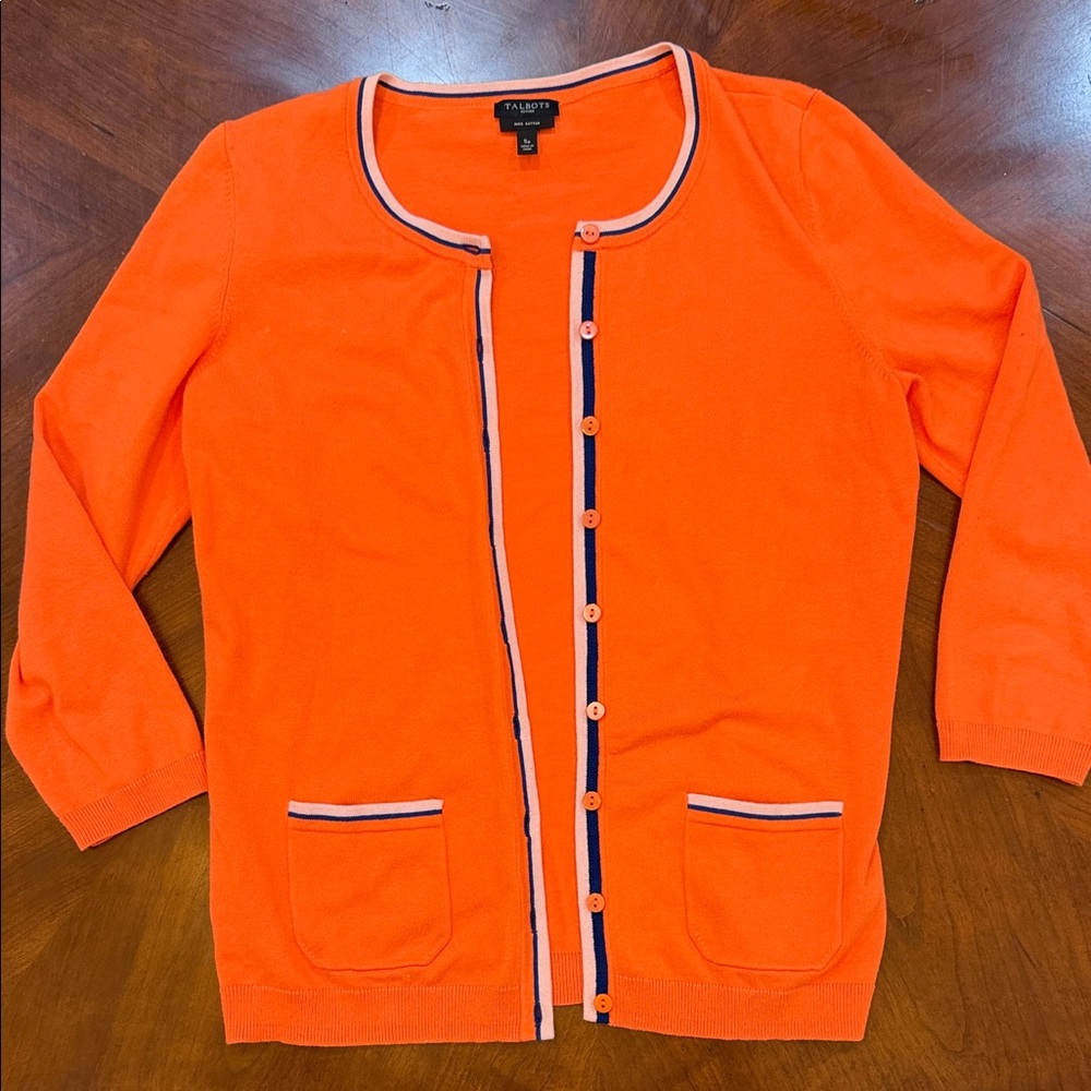 Talbots Orange Cardigan with Navy and White Trim - Picture 5 of 10